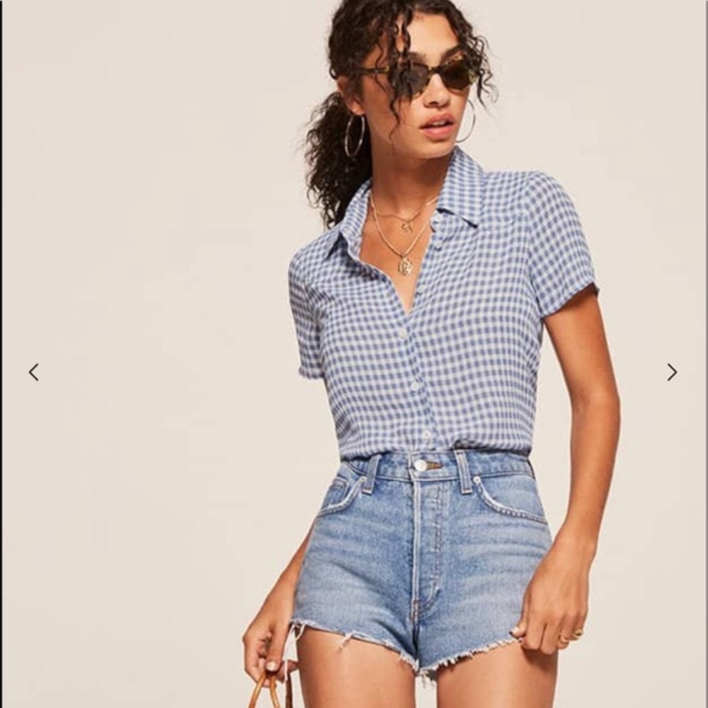 REFORMATION Blue Gingham Top Button Down M
